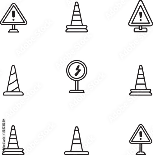 Traffic Safety Cone and Warning Sign Icon Set. Minimal Line Style.