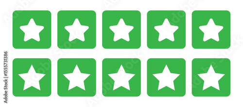 Five white stars on green squares isolated on white background.  Five star review rating symbol. customer feedback icon