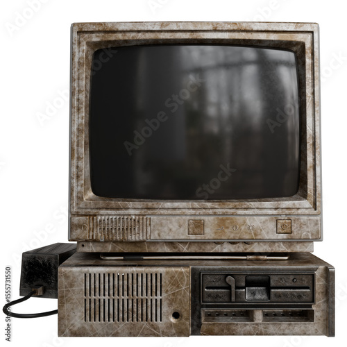 A heavily aged, beige CRT monitor and desktop computer system sits against a black background.  The unit is visibly dirty and dusty, showing significant wear and tear. 