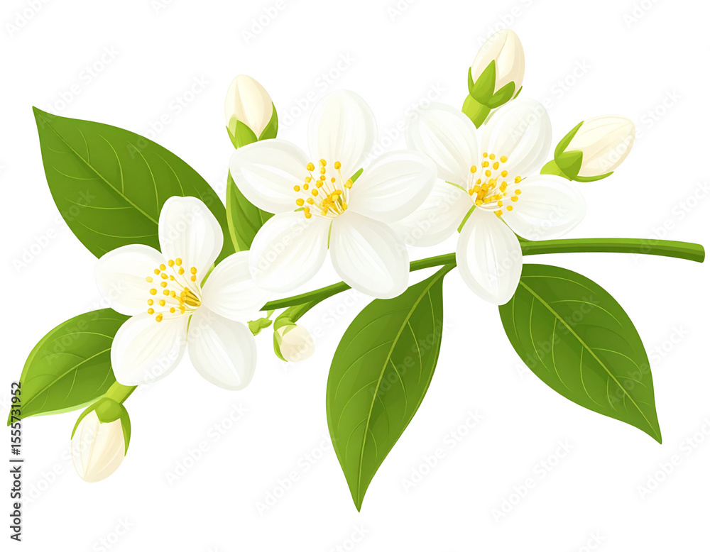 Obraz premium Jasmine Flower Branch with White Buds – Elegant Transparent Background PNG Clipart