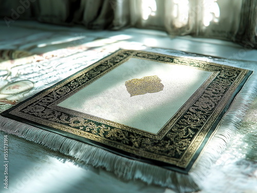 Quran with golden calligraphy resting beautifully on a white prayer mat
