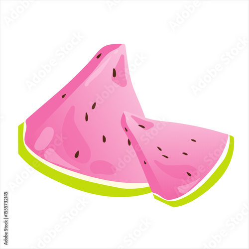 Two slices of pink watermelon with green rind and black seeds. The fruit is fresh and juicy, ideal for summer snacks or healthy eating.