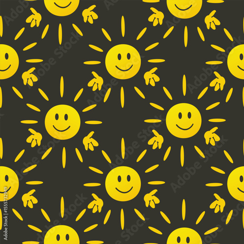 A repeating pattern of cheerful yellow suns with smiling faces and rays on a dark background. The design is playful and vibrant, suitable for various applications.