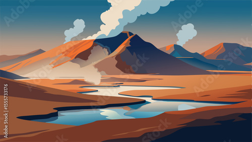 Stylized shore with rock formations and ocean view at sunset landscape illustration