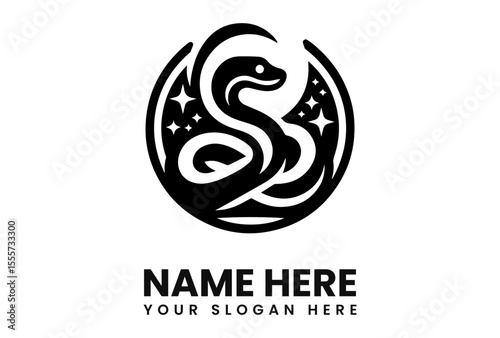 Elegant black snake logo design, celestial background, circular frame.