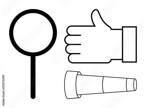 Magnifying glass, hand giving thumbs-up, and cone outline in bold black. Ideal for inspection, approval, analysis, construction, safety positivity minimalistic design. Perfect for a simple landing