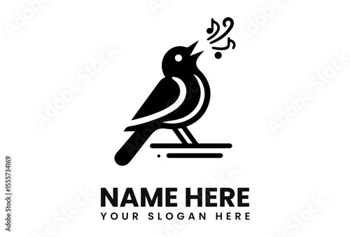 Black bird singing with musical notes floating from its beak, perched on a line.
