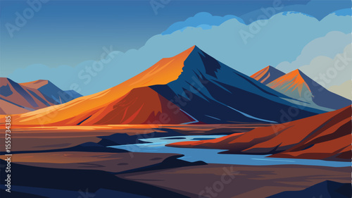 A path through a dense woodland with distant mountain views landscape illustration
