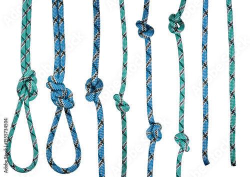 Isolated collection of colorful climbing rope on white background