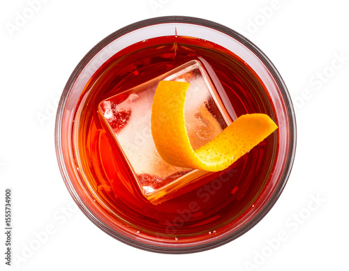 Top-Down View of Negroni Sbagliato Cocktail with Large Ice Cube and Orange Twist