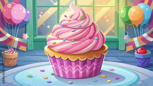 A swirl of pastel pink frosting, topped with rainbow sprinkles, crowns a fluffy vanilla cupcake in a striped paper liner. The frosting gleams in soft daylight from a nearby window. The background feat
