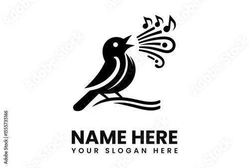 A stylized black bird sings a melodic song, represented by musical notes emanating from its beak, perched gracefully on a branch.