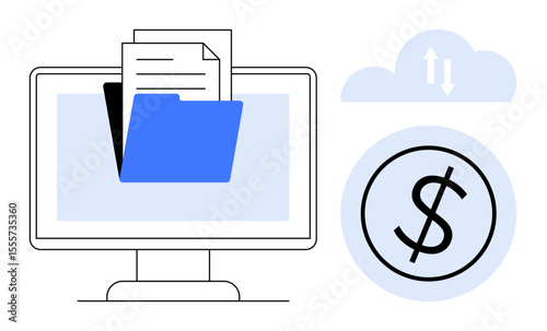 Blue folder with documents on desktop screen, dollar sign icon, and cloud with arrows. Ideal for finance, data access, cloud storage, cost management, digital organization, online security simple