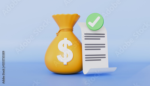 Approved document, check mark, money bag, payment approval, personal finance management