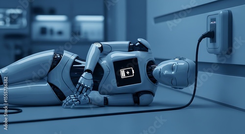 A white robot lying down plugged into a wall outlet with a battery icon on chest