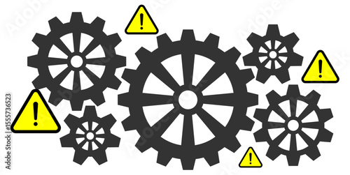Danger or defect system vector with warning triangle and gear mechanism, ideal for illustrating defect system alerts, machinery failure, or industrial hazard notifications.
