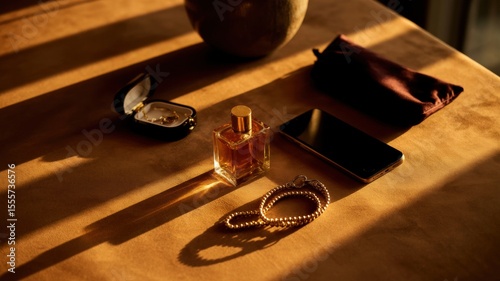Elegant still life with perfume bottle, jewelry, smartphone, and sunglasses in warm light