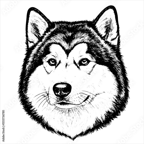 head Alaskan Malamute dog pet portrait engraving intricate retro hand drawn style line art black and white vector illustration
