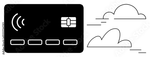 Black contactless payment card with chip alongside minimalistic clouds symbolizing digital transactions, online payment, and modern financial services. Ideal for fintech, e-commerce, technology