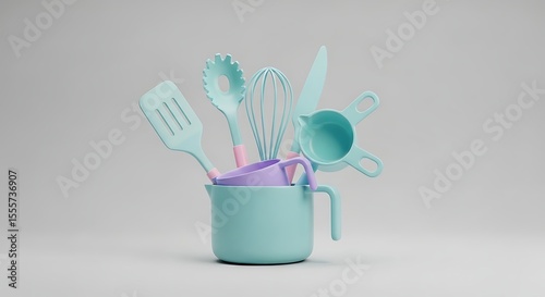 Pastel kitchen utensils including a spatula, whisk, and measuring cups stacked