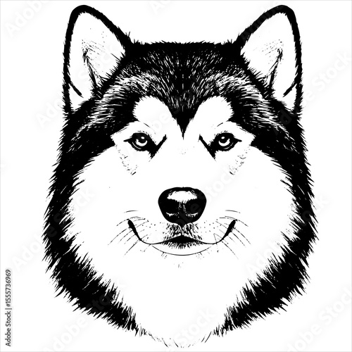 head Alaskan Malamute dog pet portrait engraving intricate retro hand drawn style line art black and white vector illustration