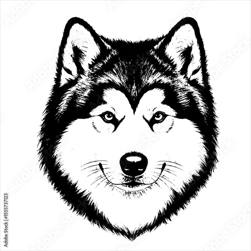 head Alaskan Malamute dog pet portrait engraving intricate retro hand drawn style line art black and white vector illustration