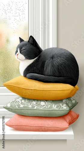 vintage cat photography Cozy Cat on Colorful Cushions by a Rainy Window for Homely Vibe nostalgic interior with pets retro lifestyle stock image