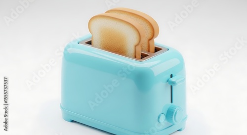 A light blue toaster with two slices of bread sticking out on a white surface