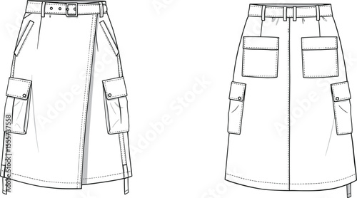 CAD drawing flat vector illustration of women’s cargo skirts, front and back views, flap pockets, belt loops, detailed stitching, technical garment sketch, stylish fashion layout