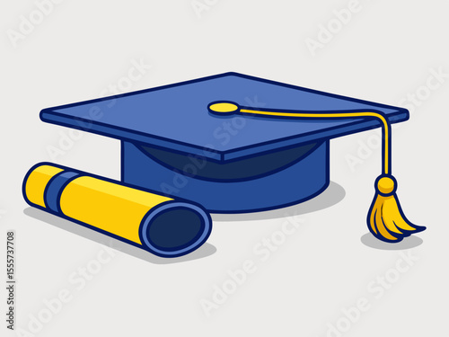 Illustration of a Graduation Cap and Diploma Scroll on a Light Gray Background blue graduation