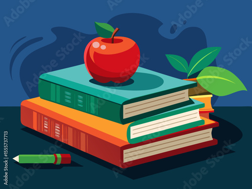 Stylized Still Life of Stacked Books with an Apple and a Pencil on a Dark Background