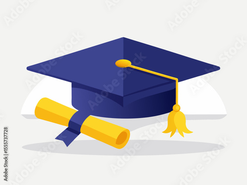 Illustration of a Graduation Cap and Diploma Scroll on a Light Background Representing Academic Achievement
