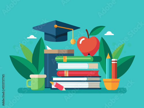 Colorful Illustration of Academic Success with Books Graduation Cap Apple and Stationery on a Teal Background