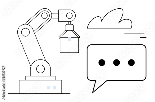 Robotic arm lifting object, cloud element, and chat bubble with dots. Ideal for AI, automation, technology, robotics, cloud computing, communication software simple landing page