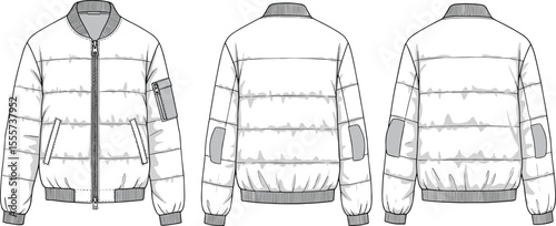 CAD drawing flat vector illustration of puffer jacket, front and back views, zipper closure, ribbed cuff detail, stylish outerwear sketch, fashion garment template, apparel layout