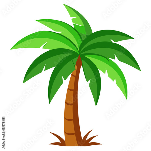 Vibrant green palm tree with brown trunk and leaves on black background