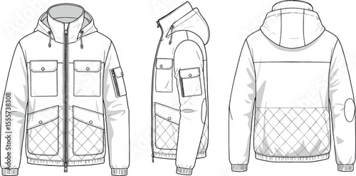 CAD drawing flat vector illustration of hooded quilted jacket, front side and back views, zipper closure, pocket detail, fashionable outerwear design, garment sketch template