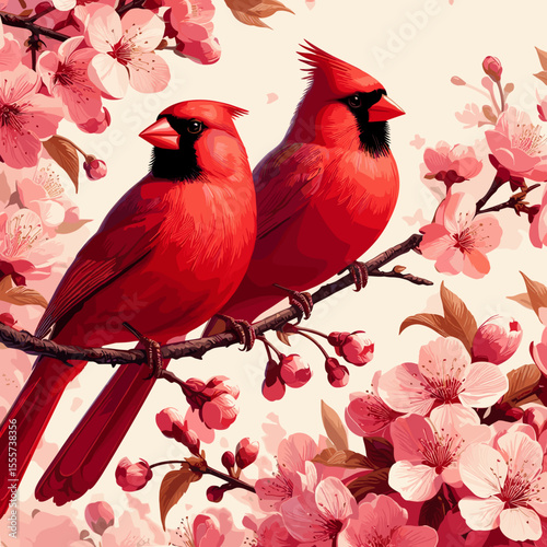 Vibrant cardinal birds perched, serene mood, surrounded by blooming cherry blossoms, springtime setting