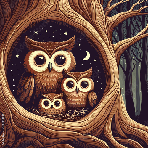 Family of owls at night, cozy mood, detailed illustration, in a hollow tree