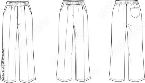 CAD drawing flat vector illustration of elastic waist pants, front side and back views, pocket detail, clothing template, fashion sketch, technical garment layout, apparel design