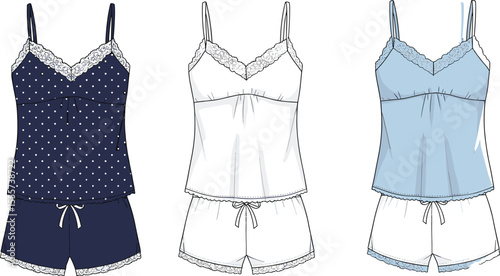 CAD drawing flat vector illustration of women’s sleepwear sets, camisole and shorts design, lace trim, front and back views, stylish nightwear sketch, fashionable clothing layout