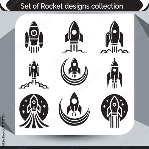 Monochrome Rocket Designs Collection with Smoke Clouds and Stars, Artistic Spacecrafts and Lunar Orbits Depicted