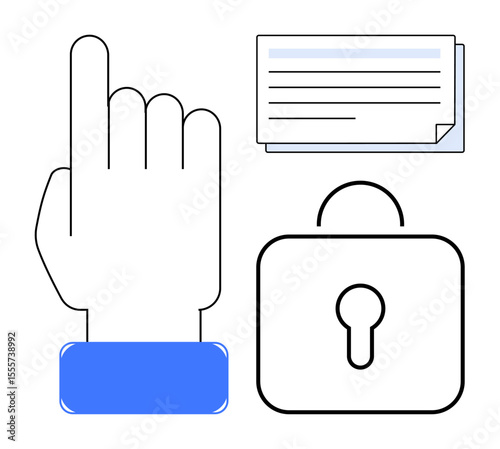Hand gesture pointing up, paperwork stack, and padlock. Ideal for data protection, access authorization, security, privacy, authentication digital safety account setup. Simple flat metaphor