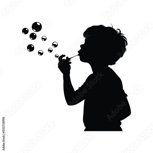 Silhouette of a boy blowing bubbles for fun and happiness illustration