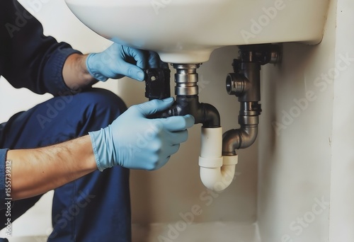 Plumber Hands Working on Bathroom Plumbing Repair – Assemble and Install Concept

