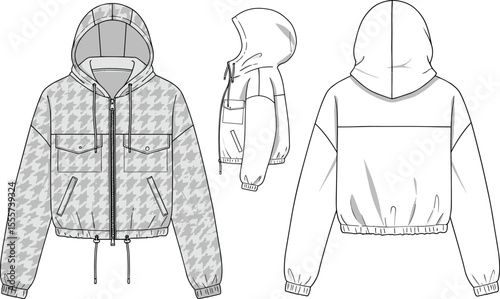 CAD drawing flat vector illustration of hooded houndstooth jacket, front side and back views, fashion sketch, stylish outerwear design, garment template, detailed clothing layout