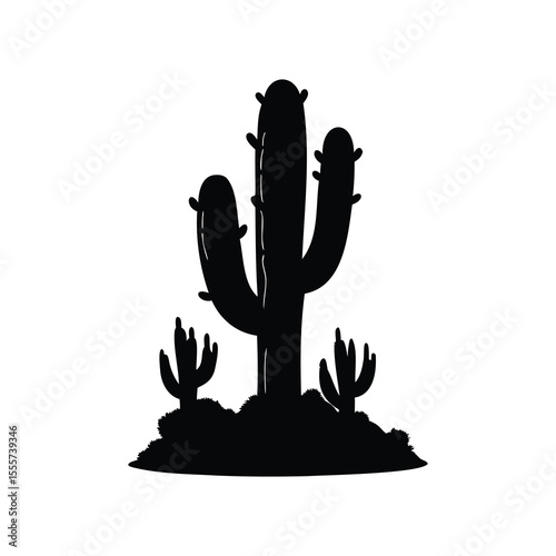 Black silhouette of a cactus with surrounding vegetation against white background