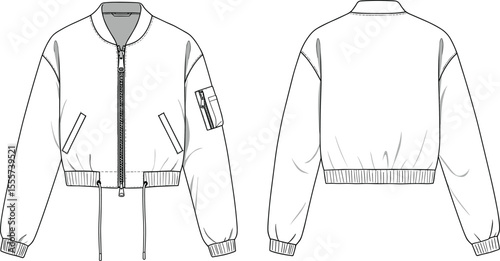 CAD drawing flat vector illustration of bomber jacket, front and back views, ribbed cuffs and waistband, zipper closure, fashion sketch, technical apparel design, stylish outerwear template