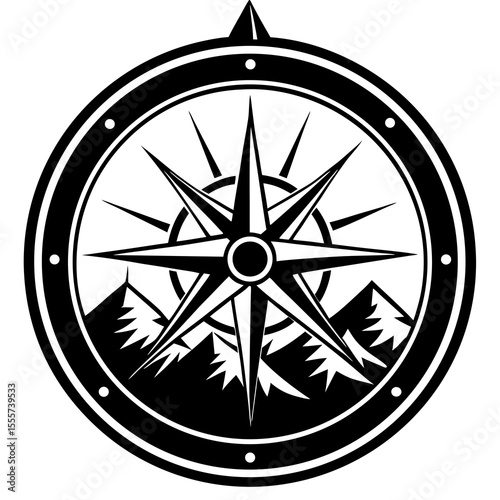 Compass with Mountains Silhouette Vector Illustration


