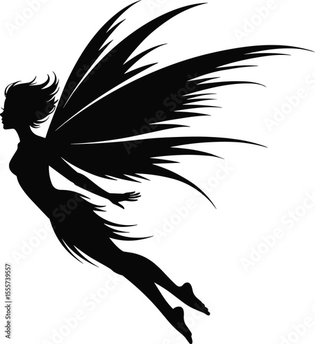 Silhouette of flying fairy with large fantasy wings, magical mythical creature art, elegant female figure illustration, isolated on white background